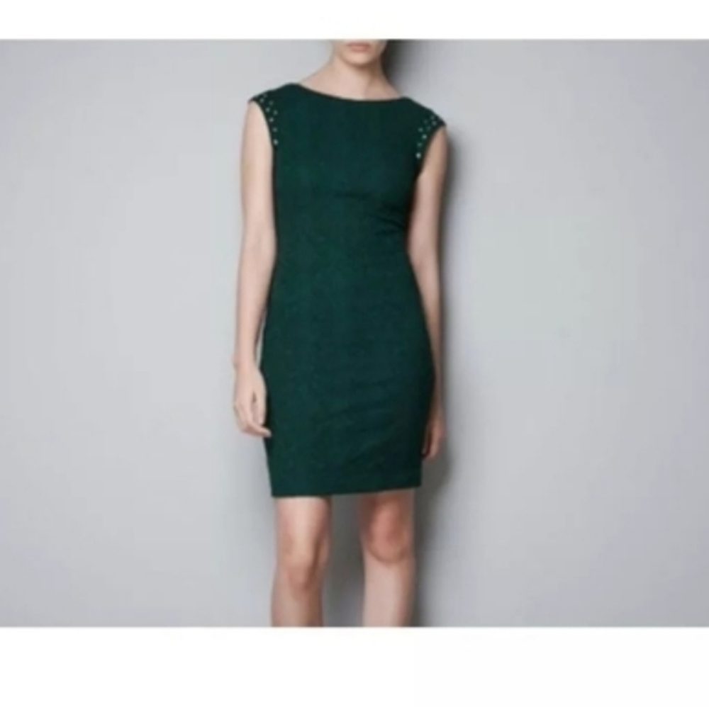 ZARA Trafaluc Dress XS Green Lace Bodycon Studded Cap Sleeve Low Back Mini